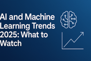Horizontal banner for AI and Machine Learning Trends 2025: What to Watch with left-aligned title, and minimal line icons of an AI brain and an upward chart on a blue gradient.
