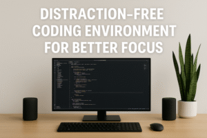 A minimalist programmer workspace with a single monitor showing code, clean desk, and the text “Distraction-Free Coding Environment for Better Focus.”