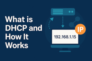 Illustration showing a network diagram with a computer, IP address, and arrows representing the DHCP process and automatic IP assignment.