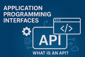 Application Programming Interface (API) concept illustration showing code, connection icons, and the text “What is an API?” on a blue background.