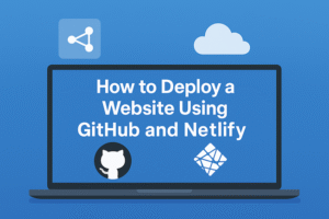 Horizontal illustration showing a laptop with the text “How to Deploy a Website Using GitHub and Netlify,” featuring GitHub and Netlify logos, cloud, and connection icons on a blue background.