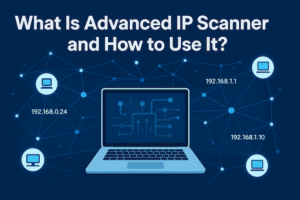 Horizontal illustration showing a laptop scanning a network with glowing IP nodes and data lines, representing the Advanced IP Scanner tool and its use in network monitoring and security.