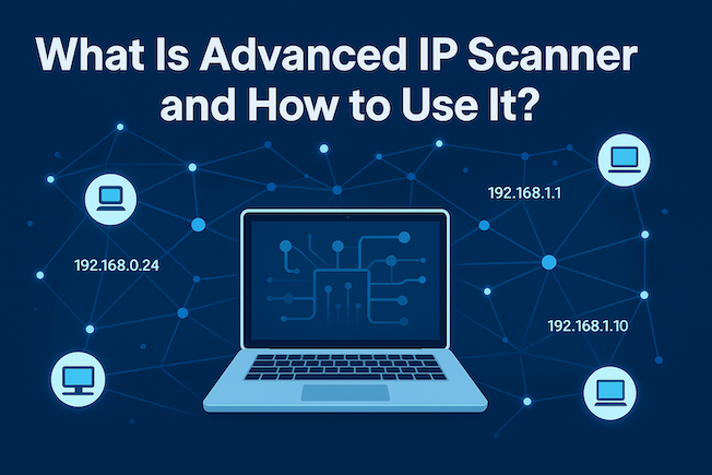 Horizontal illustration showing a laptop scanning a network with glowing IP nodes and data lines, representing the Advanced IP Scanner tool and its use in network monitoring and security.