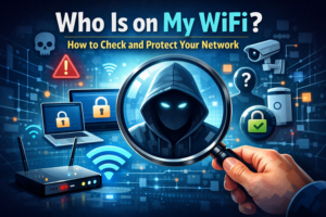 Illustration showing who is on my WiFi network with a router, connected devices, and a suspicious user under a magnifying glass