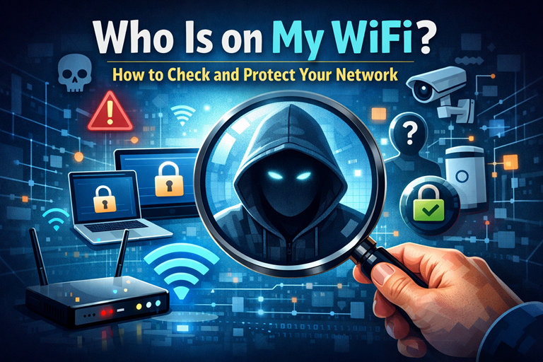 Illustration showing who is on my WiFi network with a router, connected devices, and a suspicious user under a magnifying glass